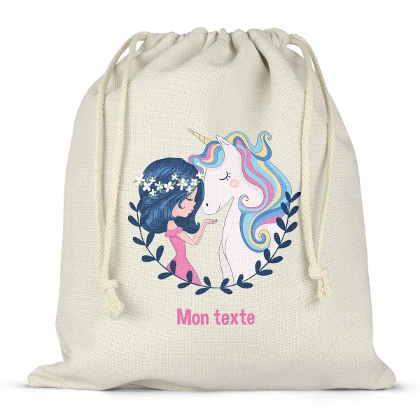 Borsa per contenitore porta-pranzo, con lacci, personalizzata - Ragazza e unicorno