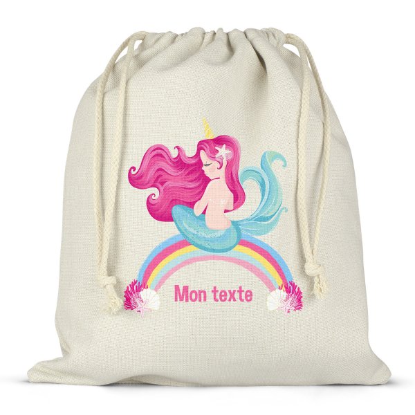 Borsa per contenitore porta-pranzo, con lacci, personalizzata - Sirena, arcobaleno