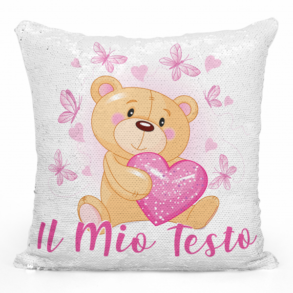 Cuscino con paillette, magico, personalizzato - Orsacchiotto, cuori, farfalle