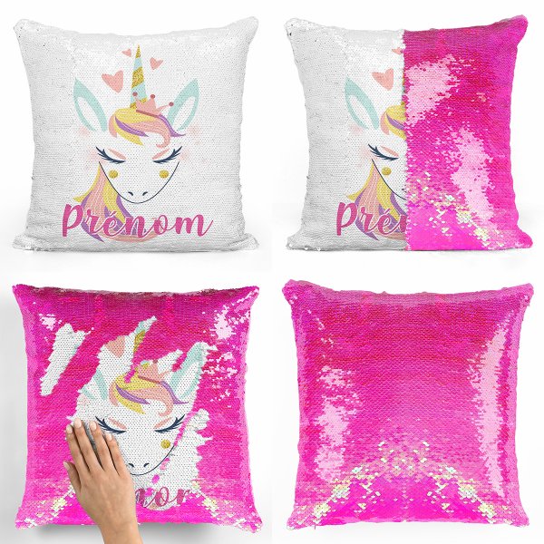 Cuscino con paillette, magico, personalizzato - Unicorno, cuori