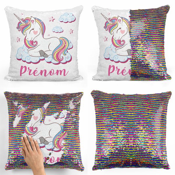 Cuscino con paillette, magico, personalizzato - Unicorno, nuvole