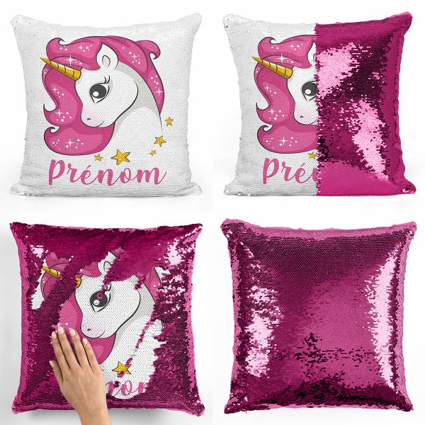 Cuscino con paillette, magico, personalizzato - Unicorno rosa, stelle