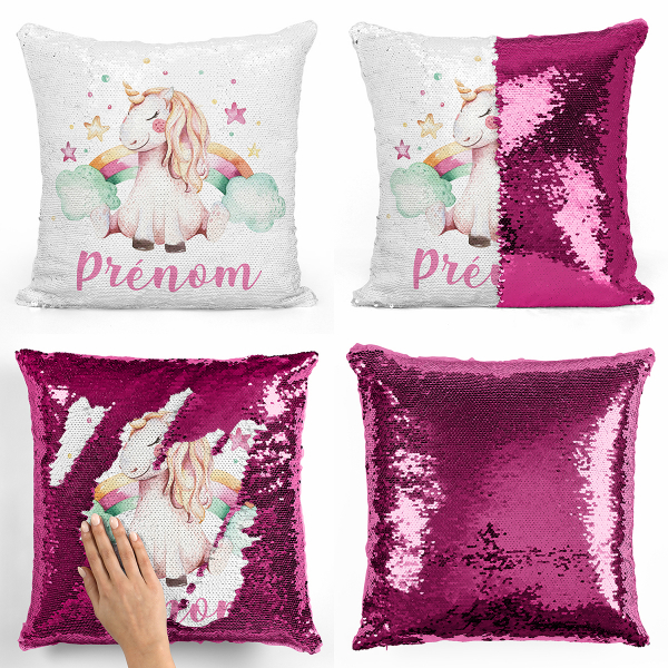 Cuscino con paillette, magico, personalizzato - Unicorno, stelle, arcobaleno